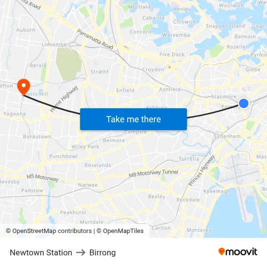 Newtown Station to Birrong map