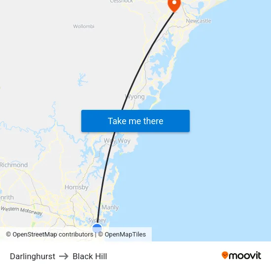 Darlinghurst to Black Hill map