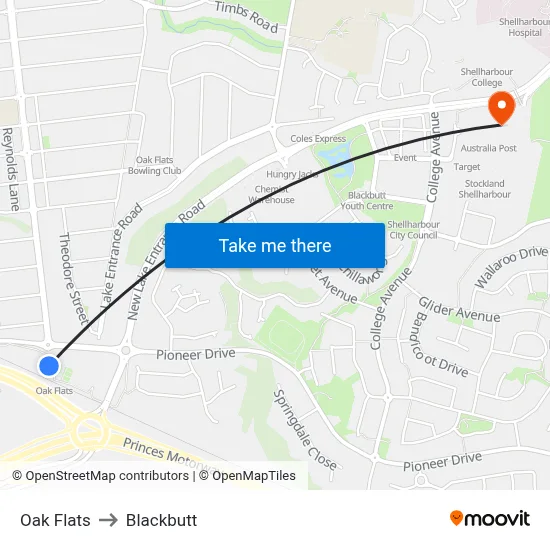 Oak Flats to Blackbutt map