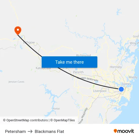 Petersham to Blackmans Flat map