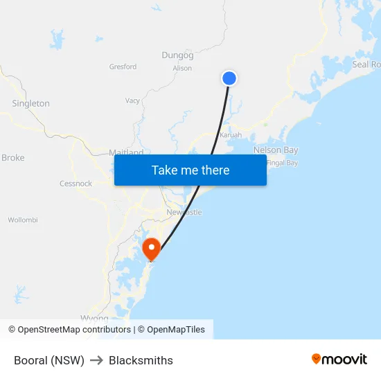 Booral (NSW) to Blacksmiths map