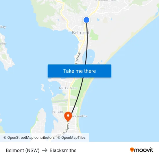 Belmont (NSW) to Blacksmiths map