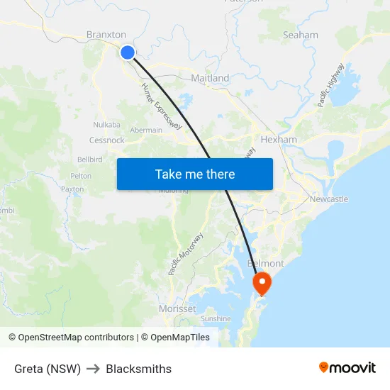 Greta (NSW) to Blacksmiths map