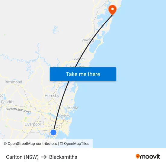 Carlton (NSW) to Blacksmiths map