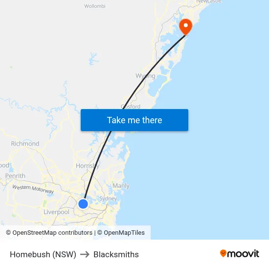 Homebush (NSW) to Blacksmiths map