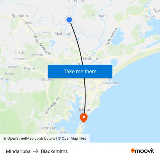 Mindaribba to Blacksmiths map