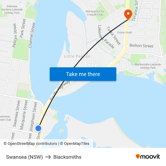 Swansea (NSW) to Blacksmiths map