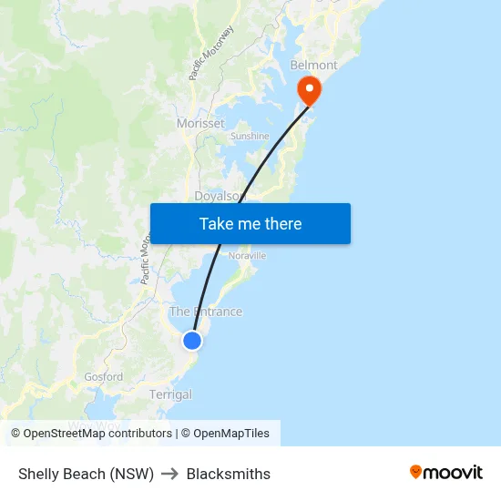 Shelly Beach (NSW) to Blacksmiths map