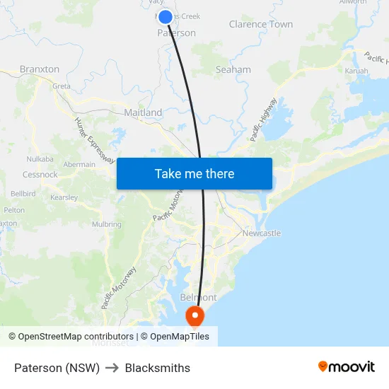 Paterson (NSW) to Blacksmiths map
