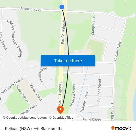 Pelican (NSW) to Blacksmiths map