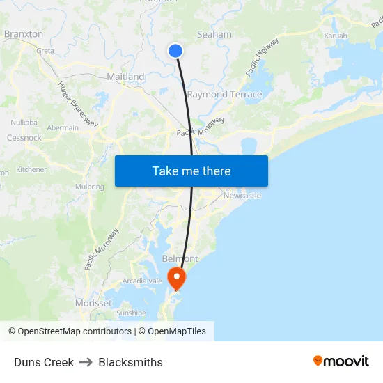 Duns Creek to Blacksmiths map