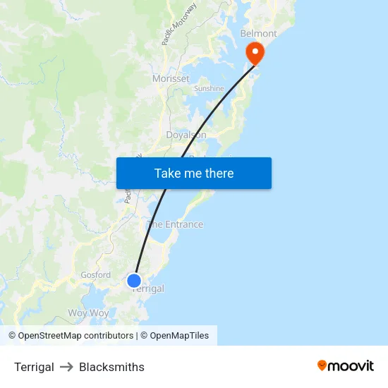 Terrigal to Blacksmiths map