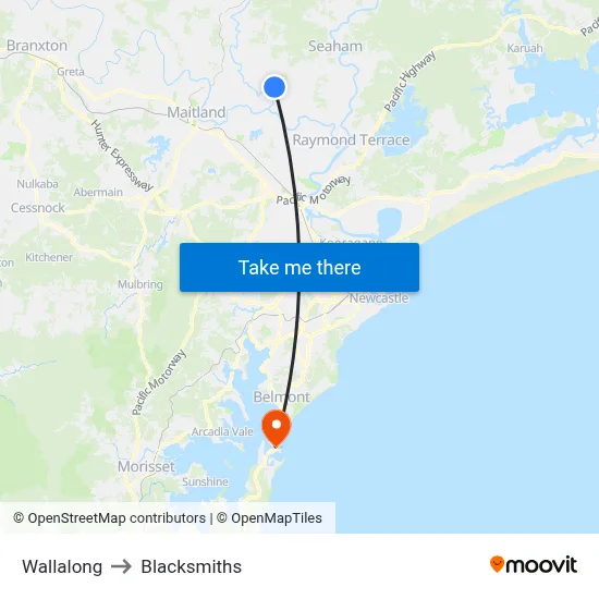 Wallalong to Blacksmiths map