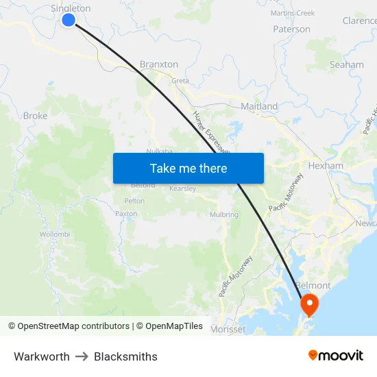 Warkworth to Blacksmiths map