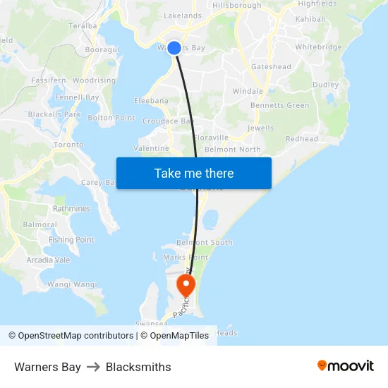 Warners Bay to Blacksmiths map