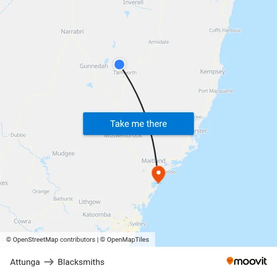 Attunga to Blacksmiths map