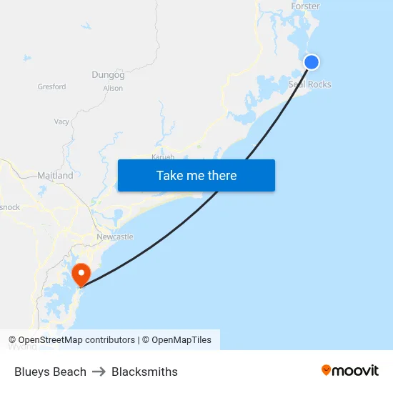Blueys Beach to Blacksmiths map