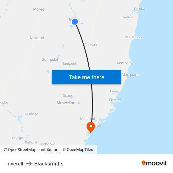 Inverell to Blacksmiths map