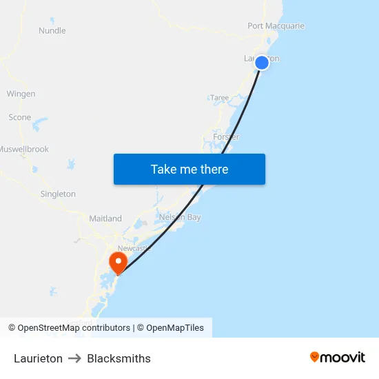 Laurieton to Blacksmiths map