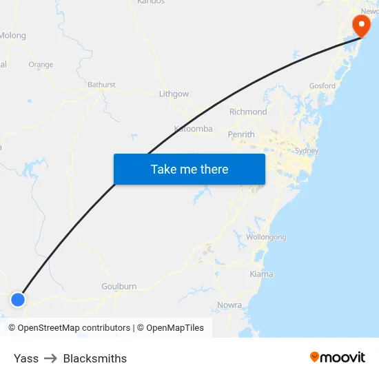 Yass to Blacksmiths map