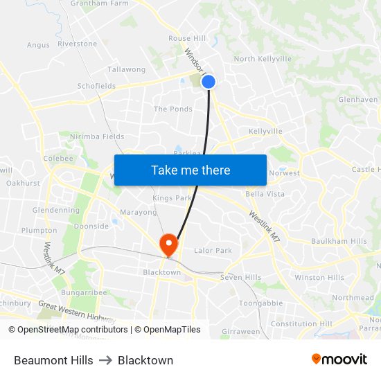 Beaumont Hills to Blacktown map