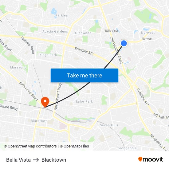 Bella Vista to Blacktown map