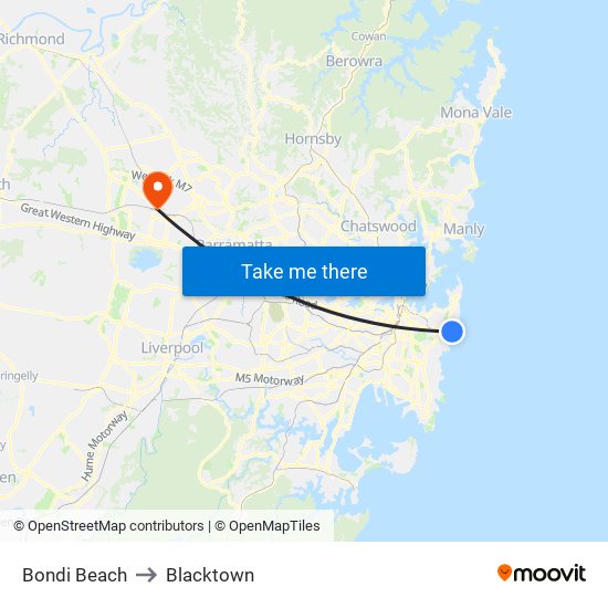 Bondi Beach to Blacktown map