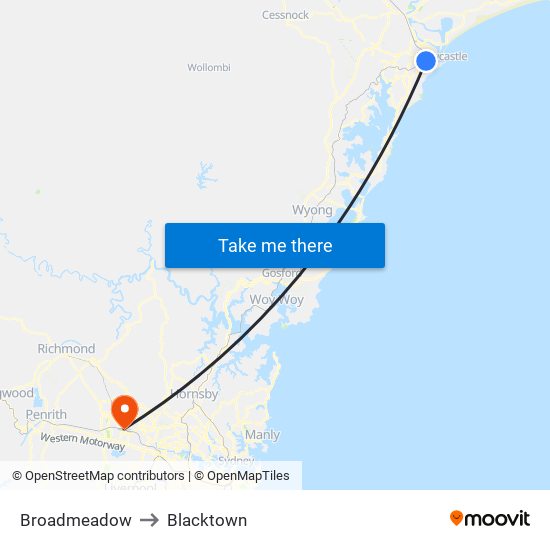 Broadmeadow to Blacktown map