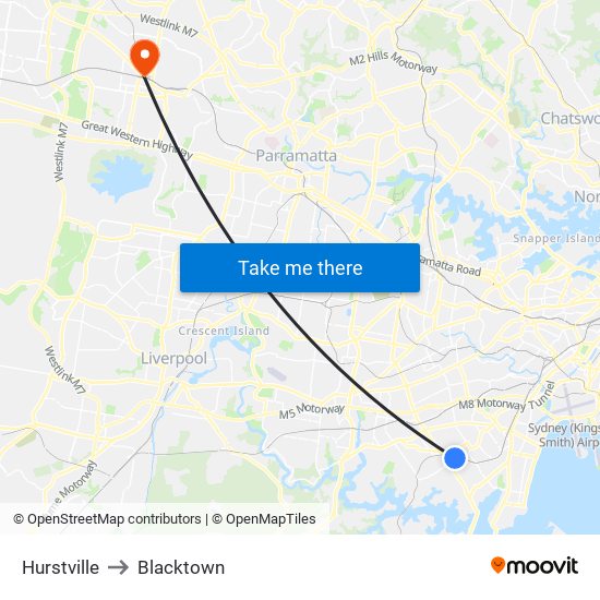 Hurstville to Blacktown map