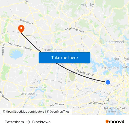 Petersham to Blacktown map