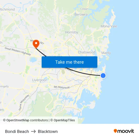 Bondi Beach to Blacktown map