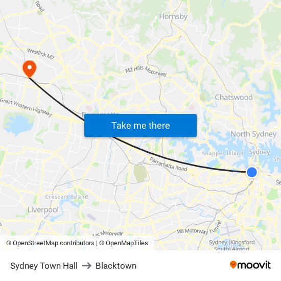 Sydney Town Hall to Blacktown map