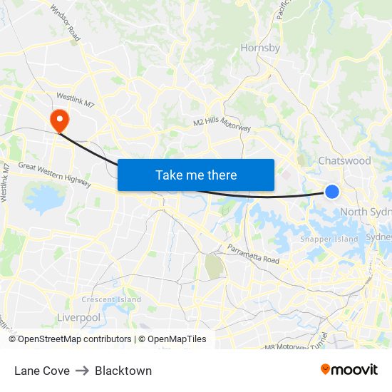 Lane Cove to Blacktown map