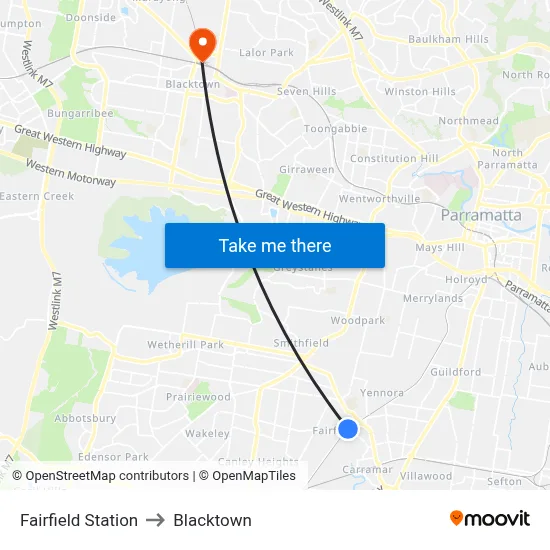 Fairfield Station to Blacktown map