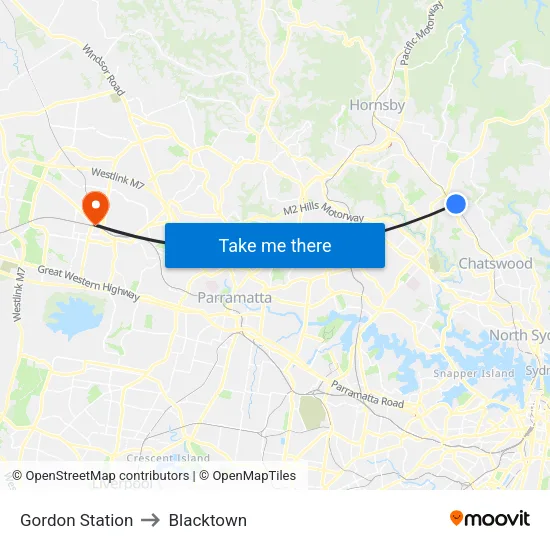 Gordon Station to Blacktown map