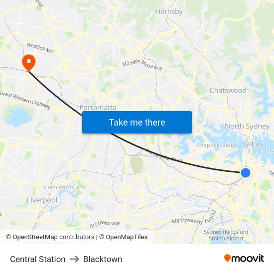 Central Station to Blacktown map