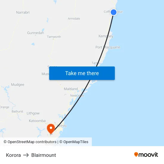 Korora to Blairmount map