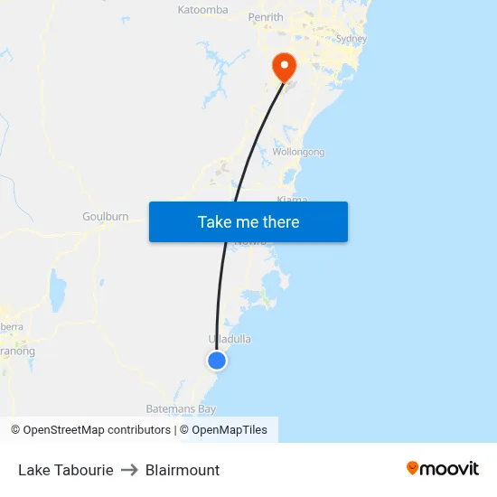 Lake Tabourie to Blairmount map