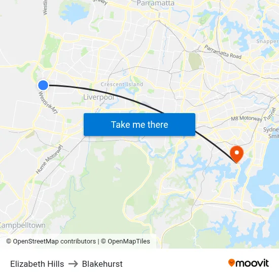 Elizabeth Hills to Blakehurst map