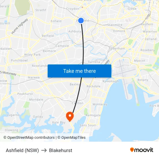 Ashfield (NSW) to Blakehurst map