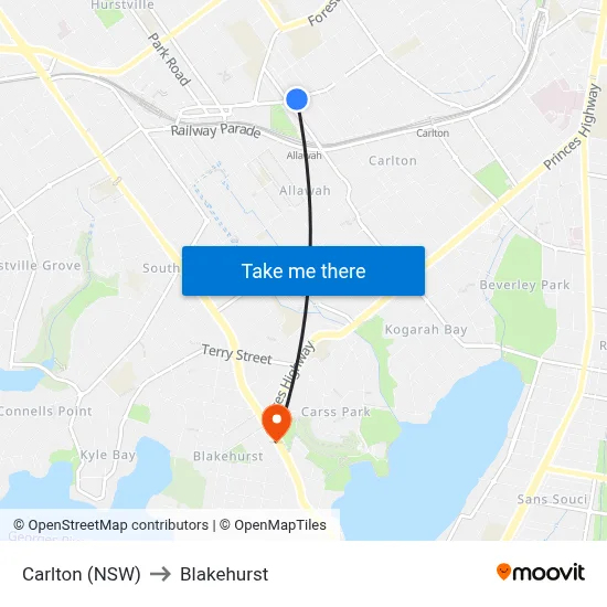 Carlton (NSW) to Blakehurst map