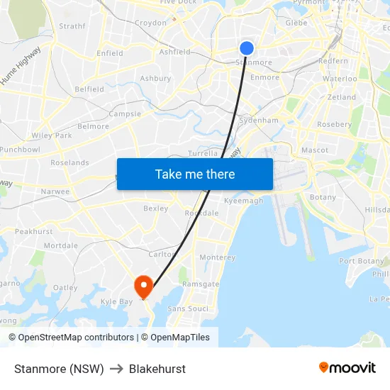 Stanmore (NSW) to Blakehurst map