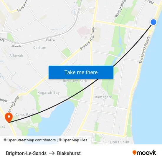Brighton-Le-Sands to Blakehurst map