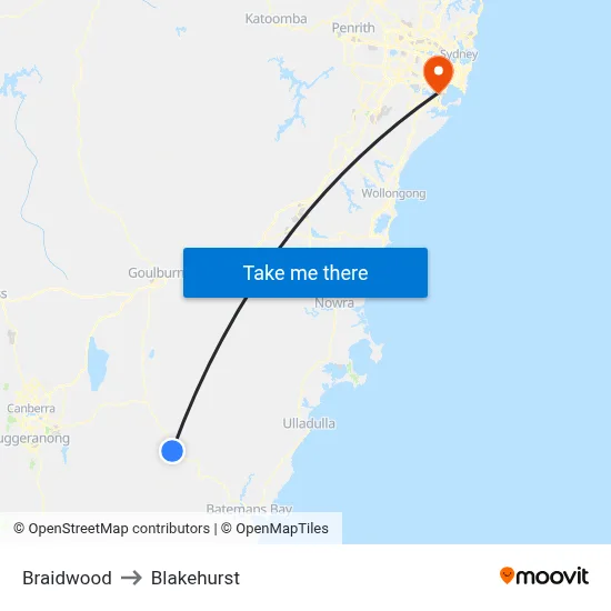 Braidwood to Blakehurst map