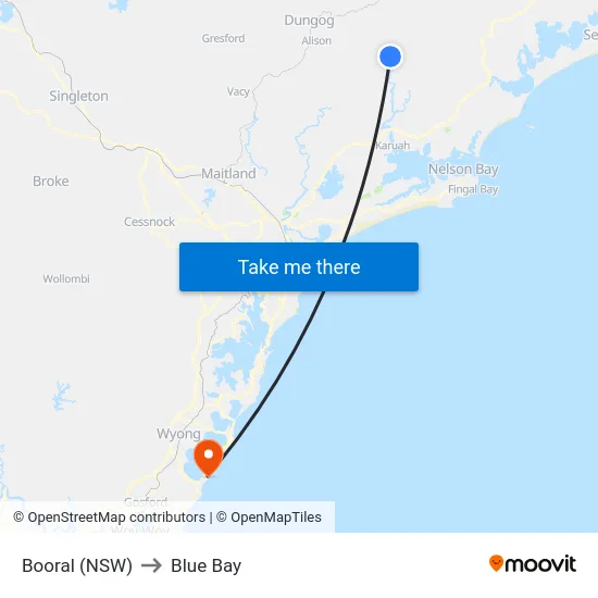 Booral (NSW) to Blue Bay map