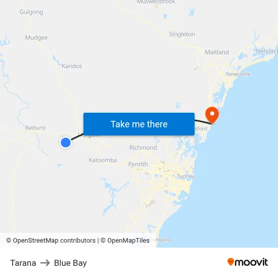 Tarana to Blue Bay map
