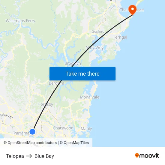 Telopea to Blue Bay map