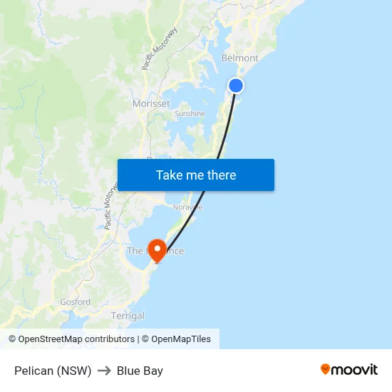 Pelican (NSW) to Blue Bay map