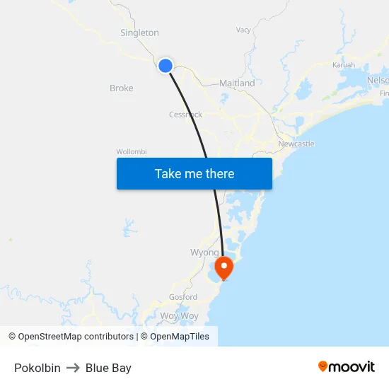 Pokolbin to Blue Bay map