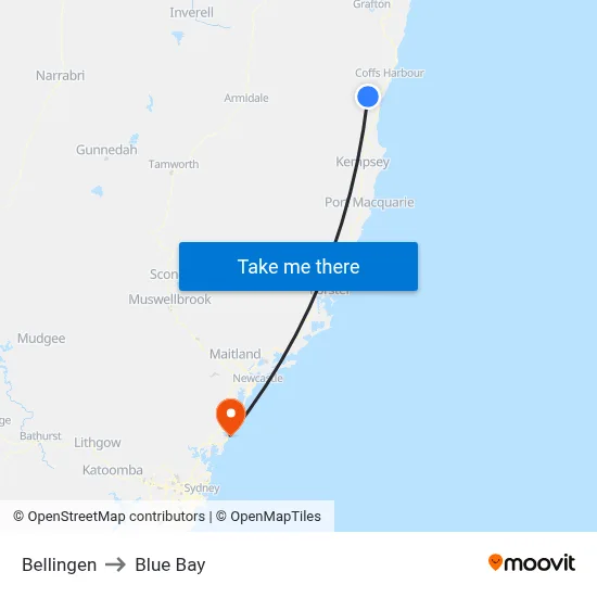 Bellingen to Blue Bay map
